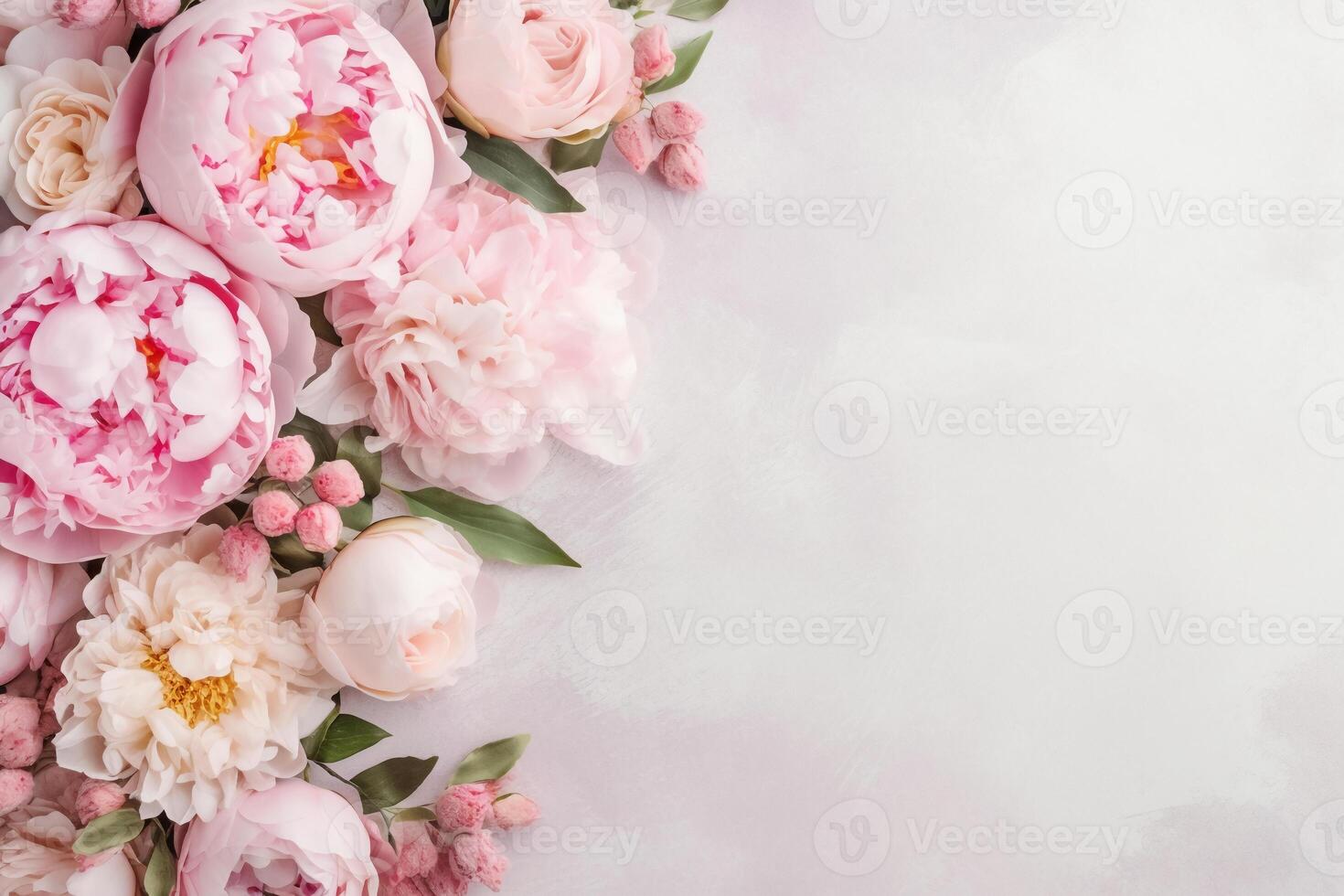 pioenrozen, rozen Aan wit achtergrond met kopiëren ruimte. abstract natuurlijk bloemen kader lay-out met tekst ruimte. romantisch vrouwelijk samenstelling. bruiloft uitnodiging. ai generatief foto