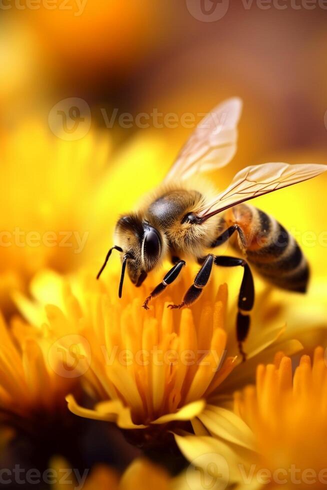 bij zittend De volgende naar geel bloem en druppel. ai generatief foto