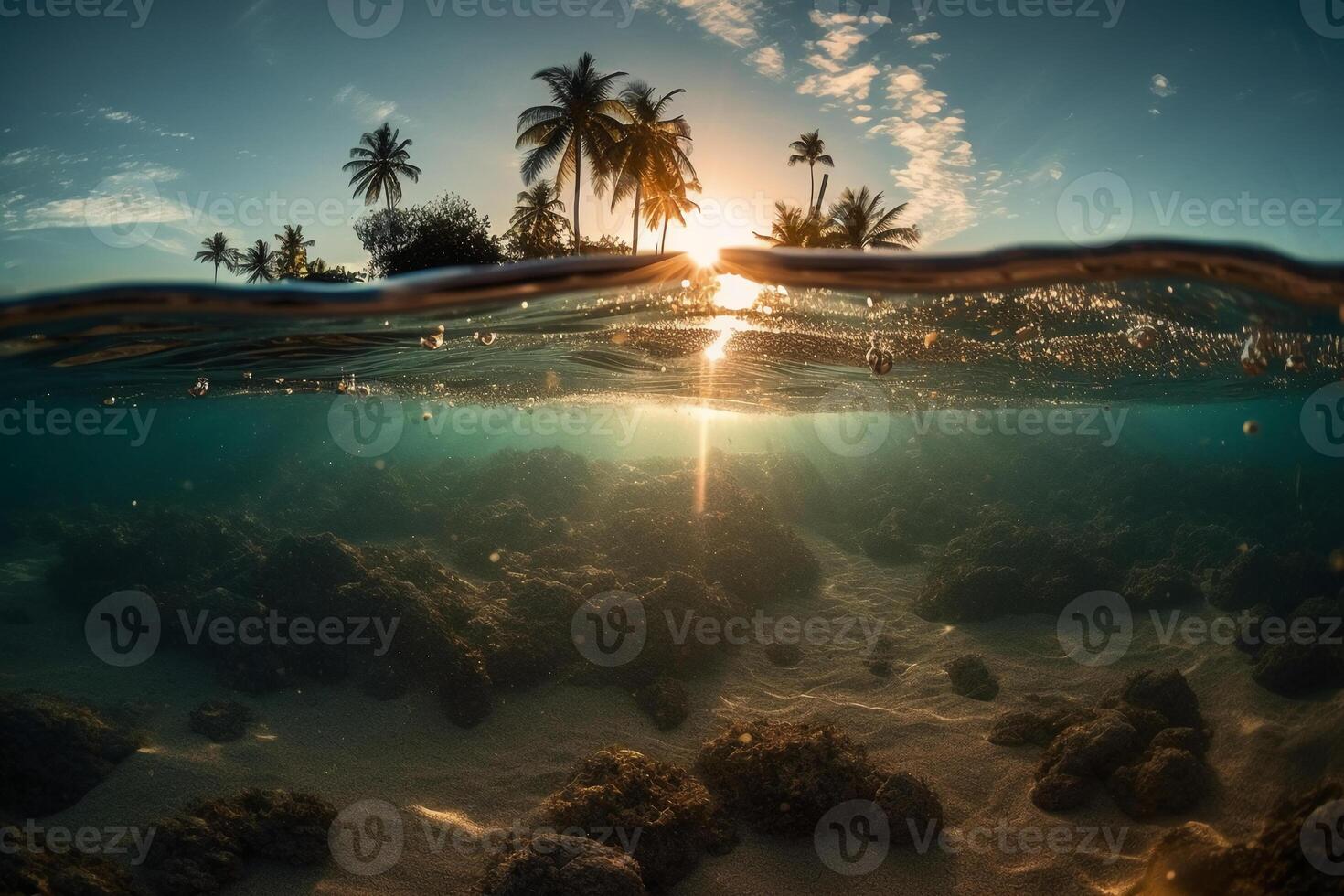 fotograaf van mooi uitnodigend strand tafereel met zonsondergang lucht. ai generatief foto