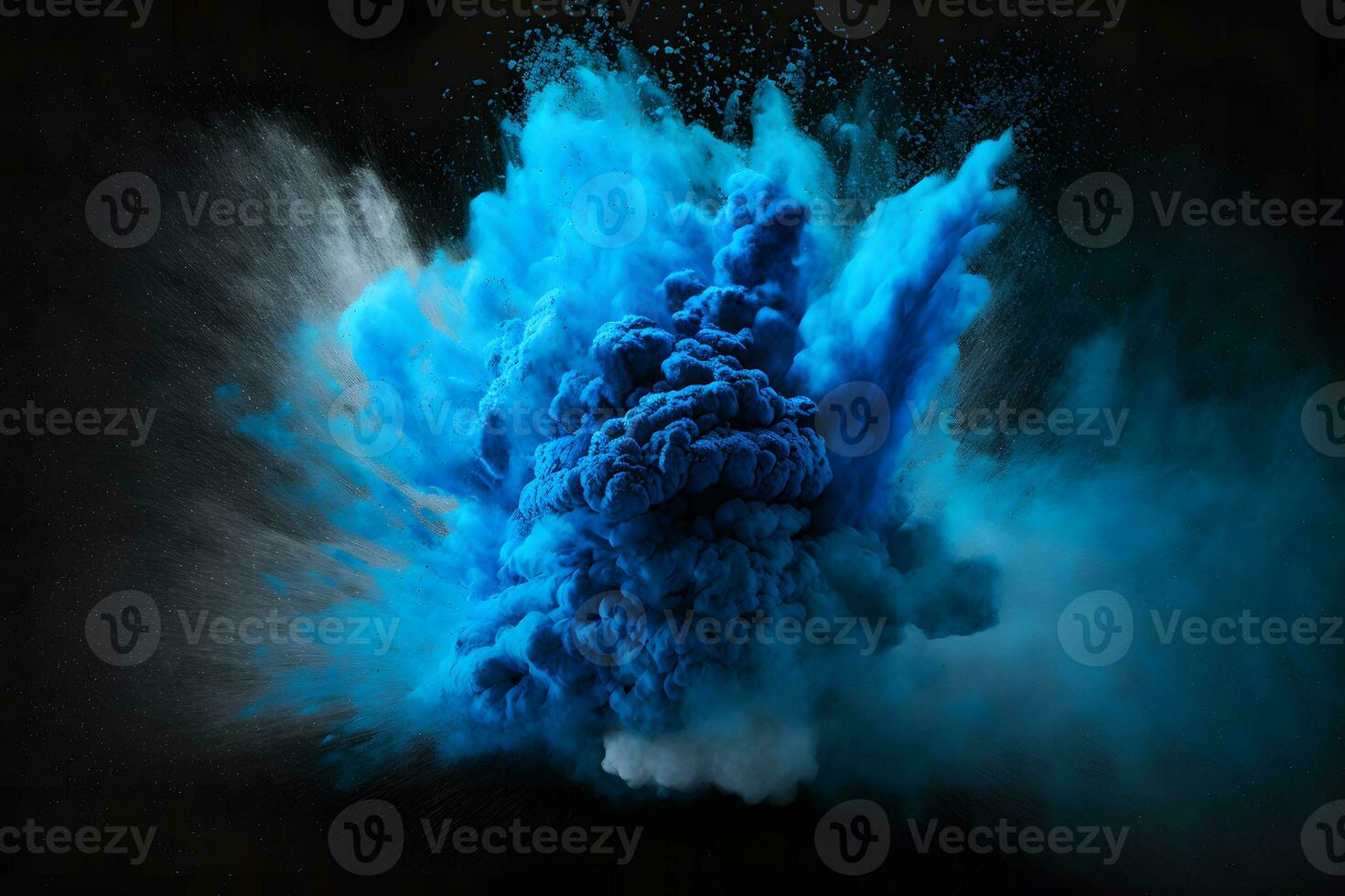 explosie van blauw kleur verf poeder Aan zwart achtergrond. neurale netwerk gegenereerd kunst foto