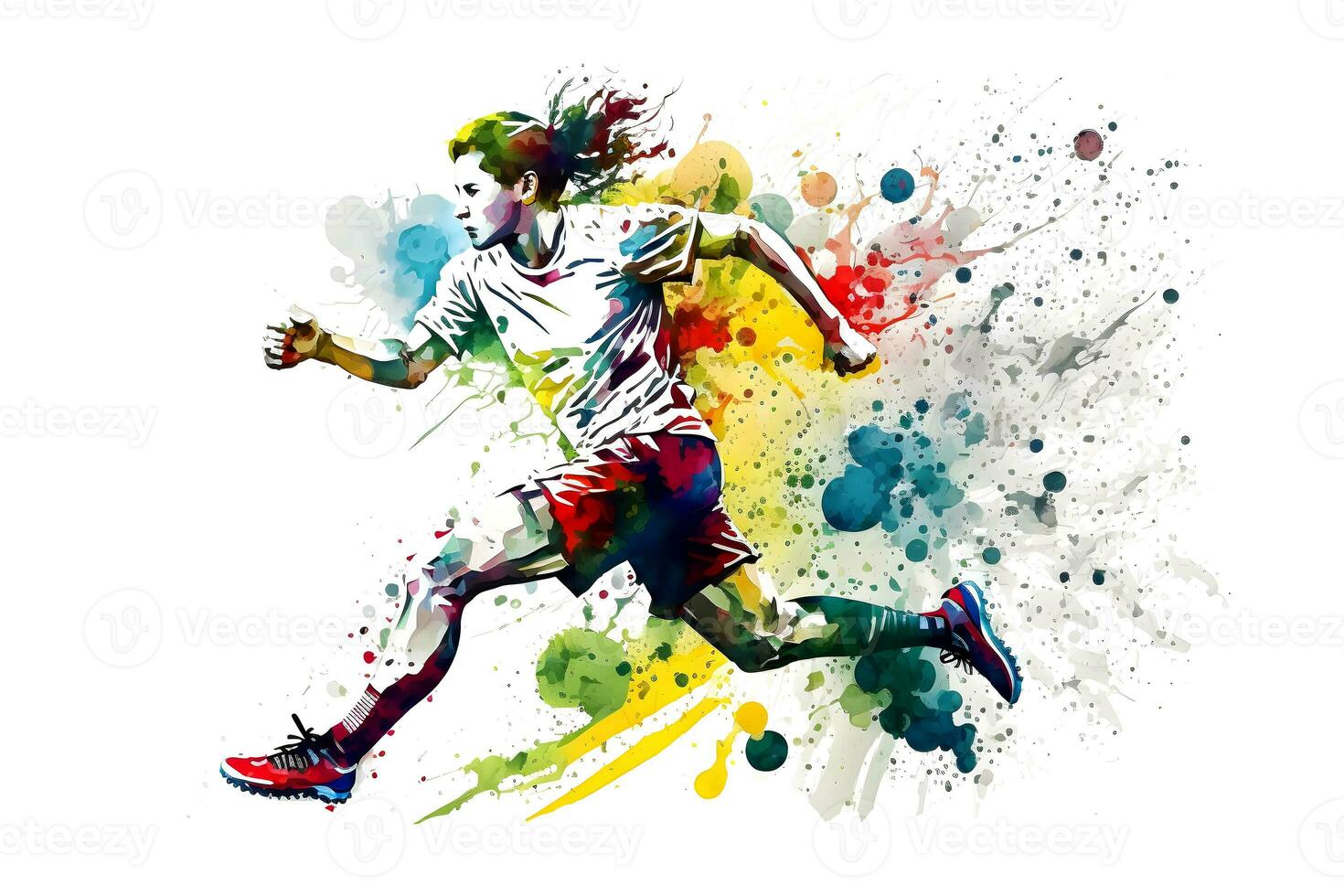 Amerikaans voetbal voetbal speler in actie met regenboog waterverf plons. geïsoleerd wit achtergrond. neurale netwerk gegenereerd kunst foto