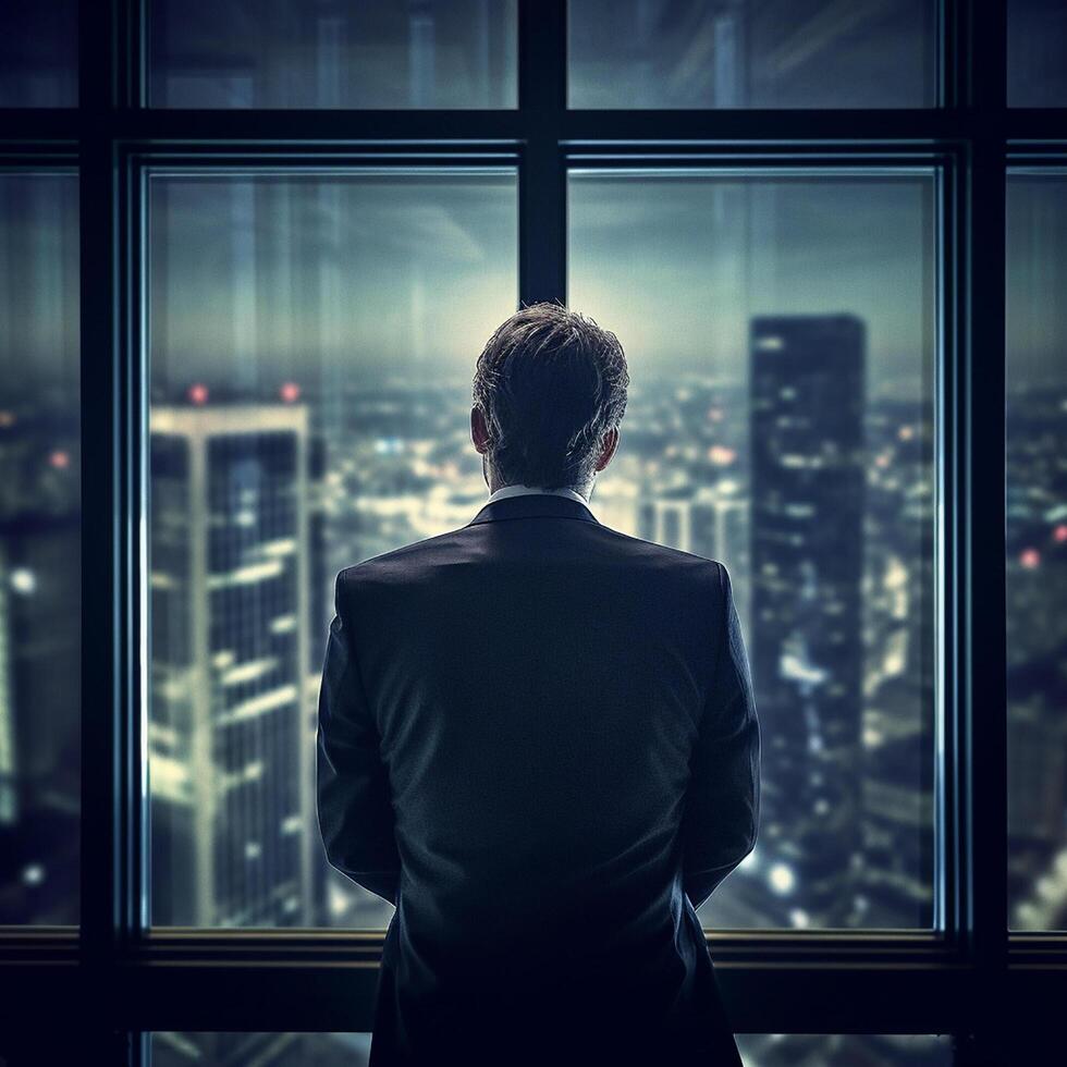 terug visie van zakenman pak staand Bij kantoor op zoek Bij stad door panoramisch venster. ai generatief foto