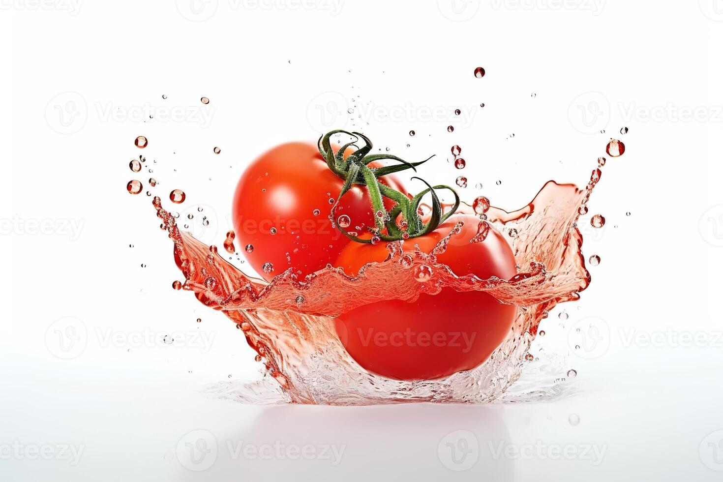 een tomaat spatten in een water plons Aan wit achtergrond, ai gegenereerd foto