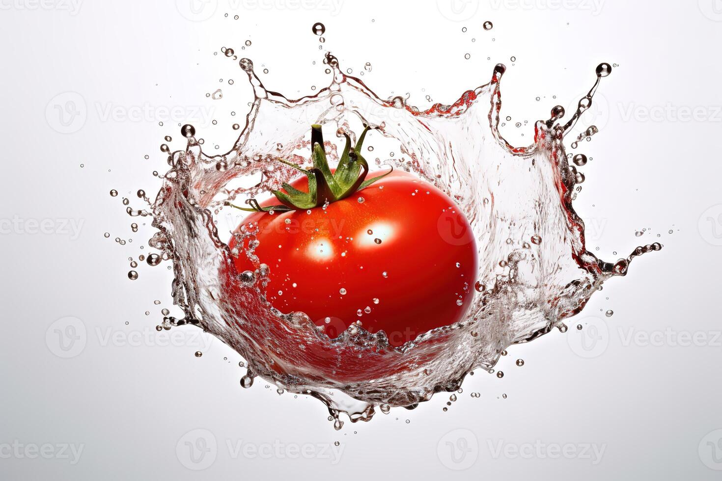 een tomaat spatten in een water plons Aan wit achtergrond, ai gegenereerd foto