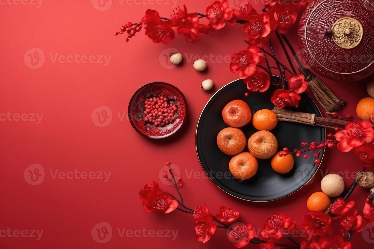 Chinese nieuw jaar festival decoraties, mandarijnen, bloemen, enveloppen . vlak leggen, top visie. ai gegenereerd foto