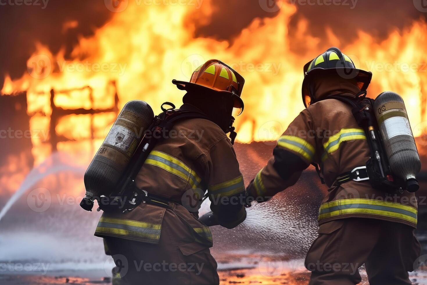 twee geüniformeerd brandweerlieden zetten uit piraat, onherkenbaar mensen, . generatief ai foto