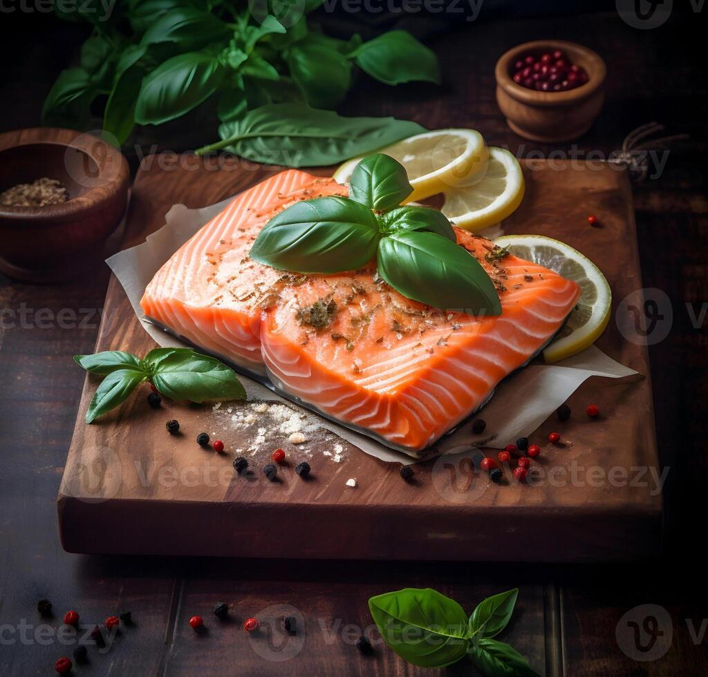 steak van Zalm vis met basilicum spice.ai generatief foto