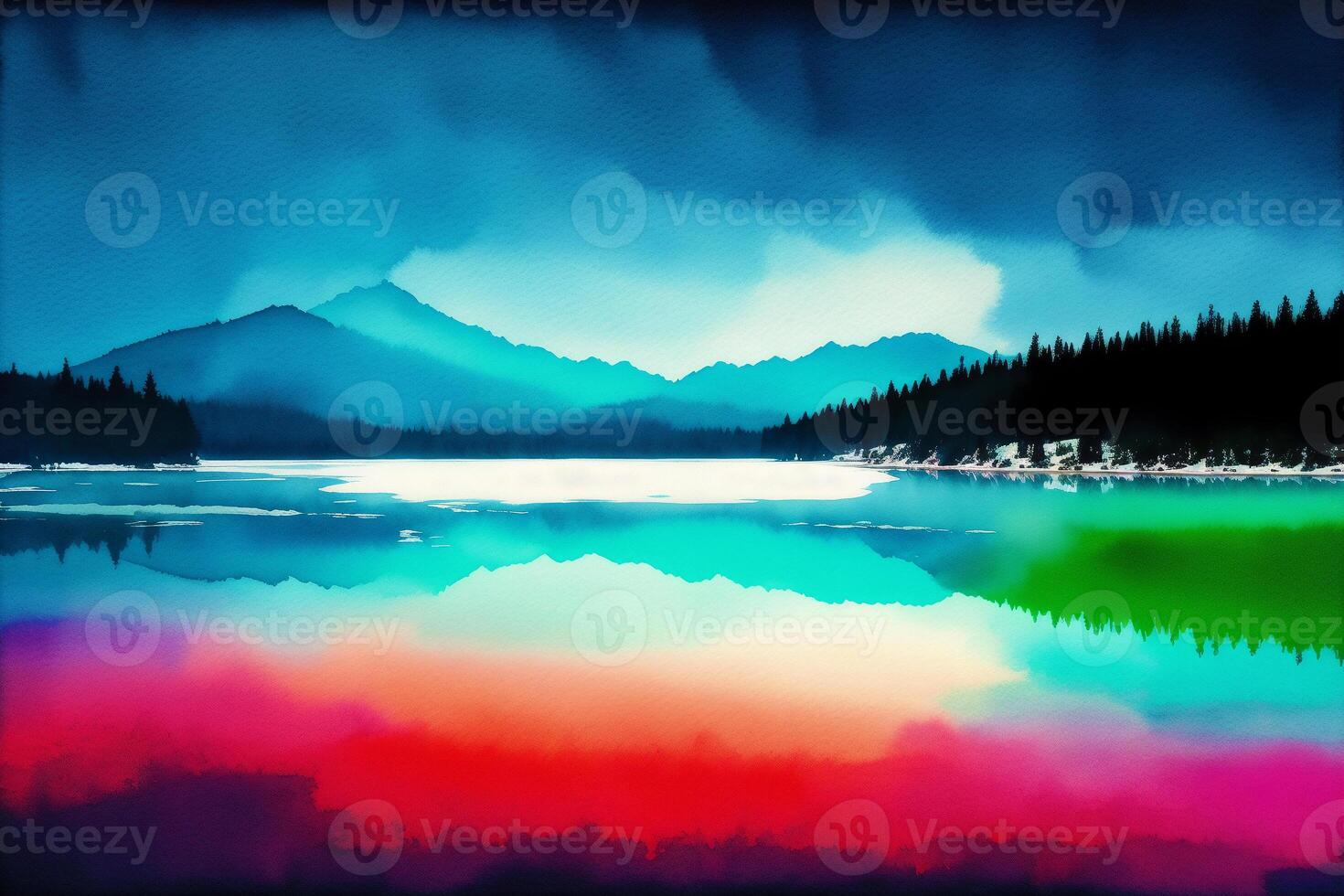 een schilderij van een meer Aan de waterverf achtergrond. waterverf verf. digitaal kunst, generatief ai foto