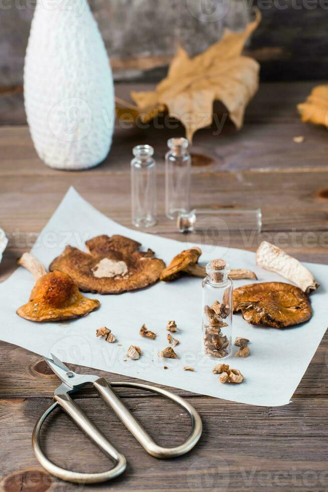 droog gehakt vlieg zwammen gestapeld in een klein pot en droog champignons Aan perkament en schaar Aan een houten tafel. microdosering en alternatief geneesmiddel. verticaal visie foto