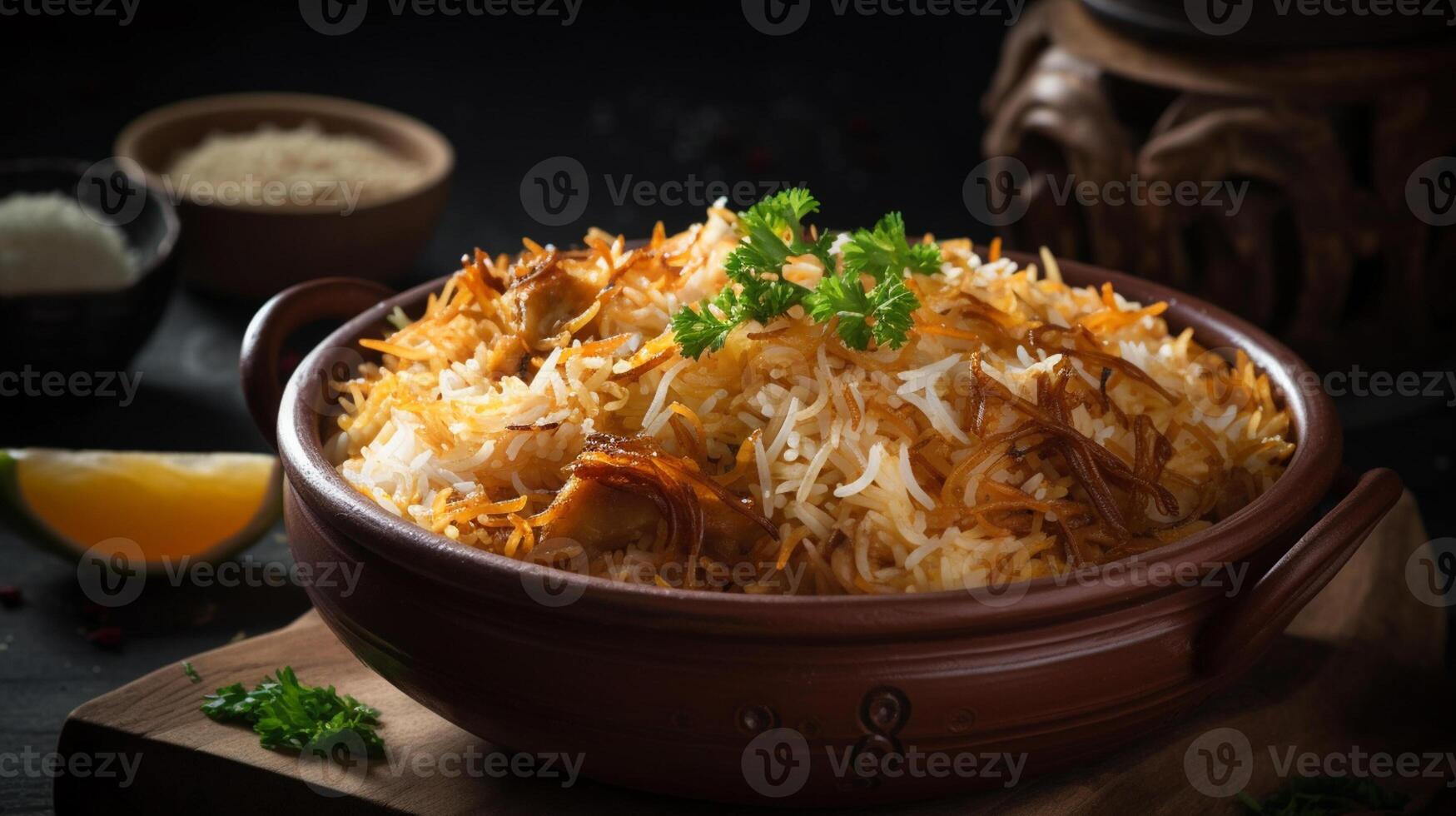 biryani in schaal, desi Indisch voedsel biryani rijst- in schaal, generatief ai foto