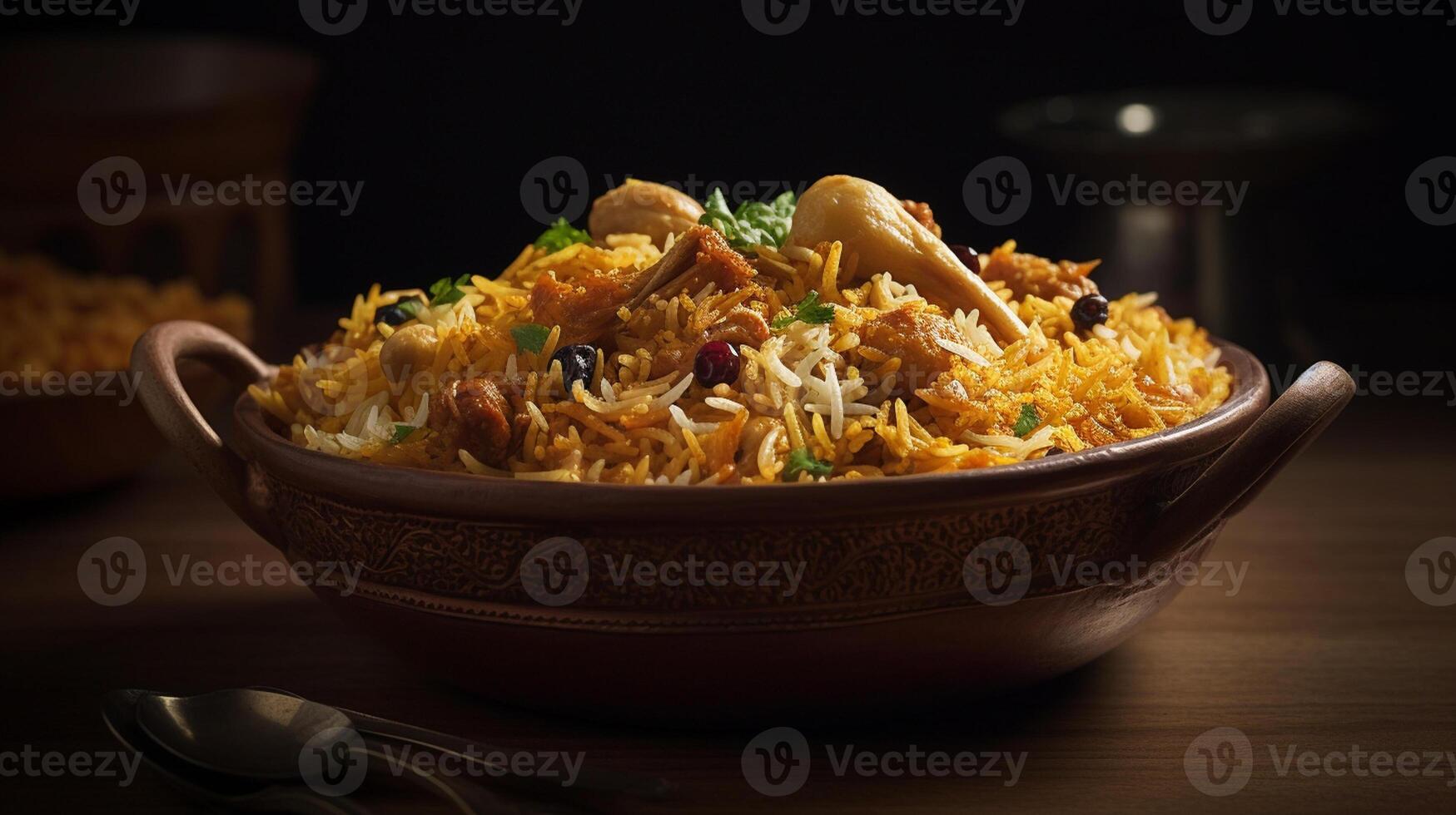 biryani in schaal, desi Indisch voedsel biryani rijst- in schaal, generatief ai foto