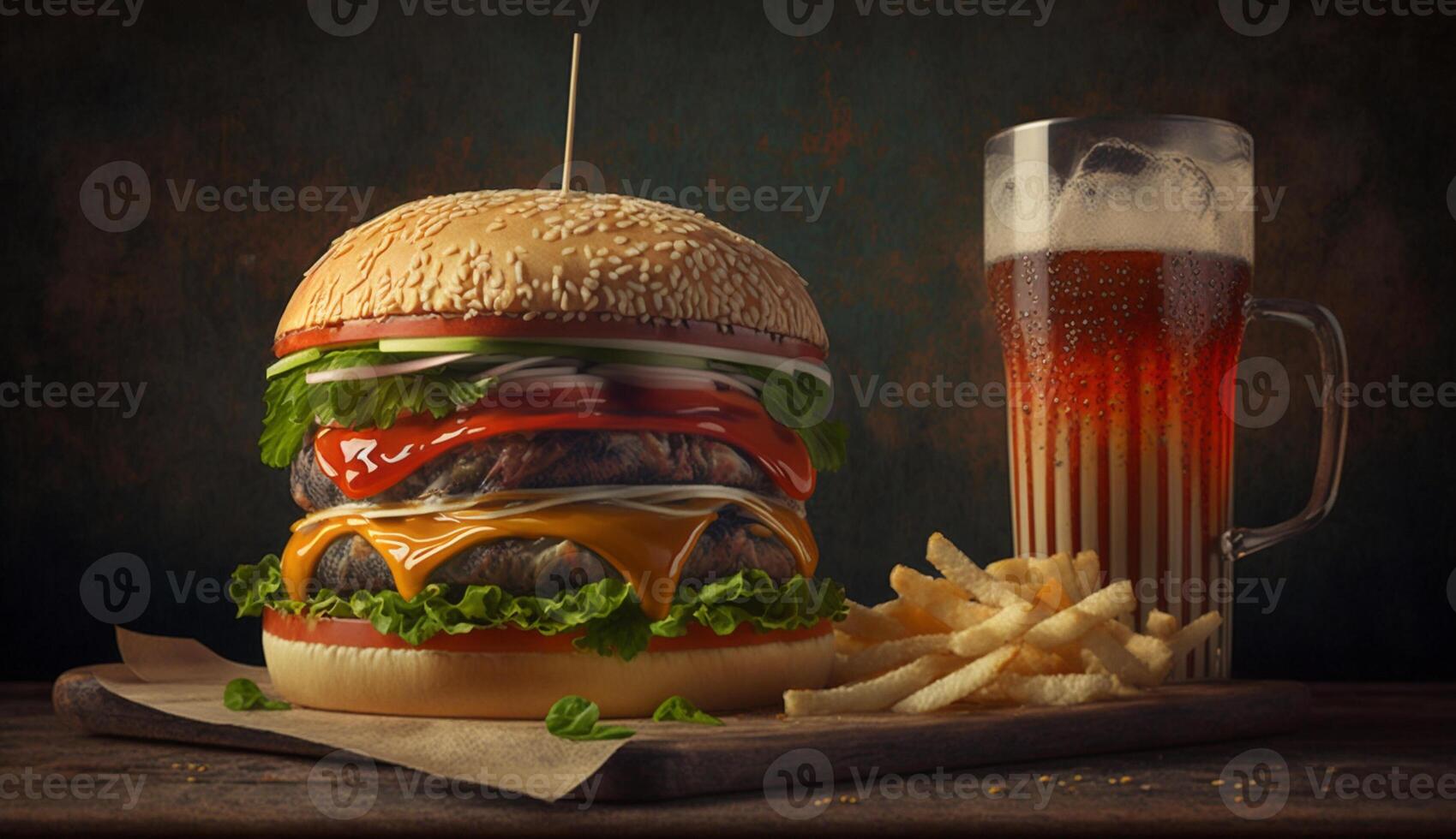 hamburger met cokes en chips in donker achtergrond, generatief ai foto