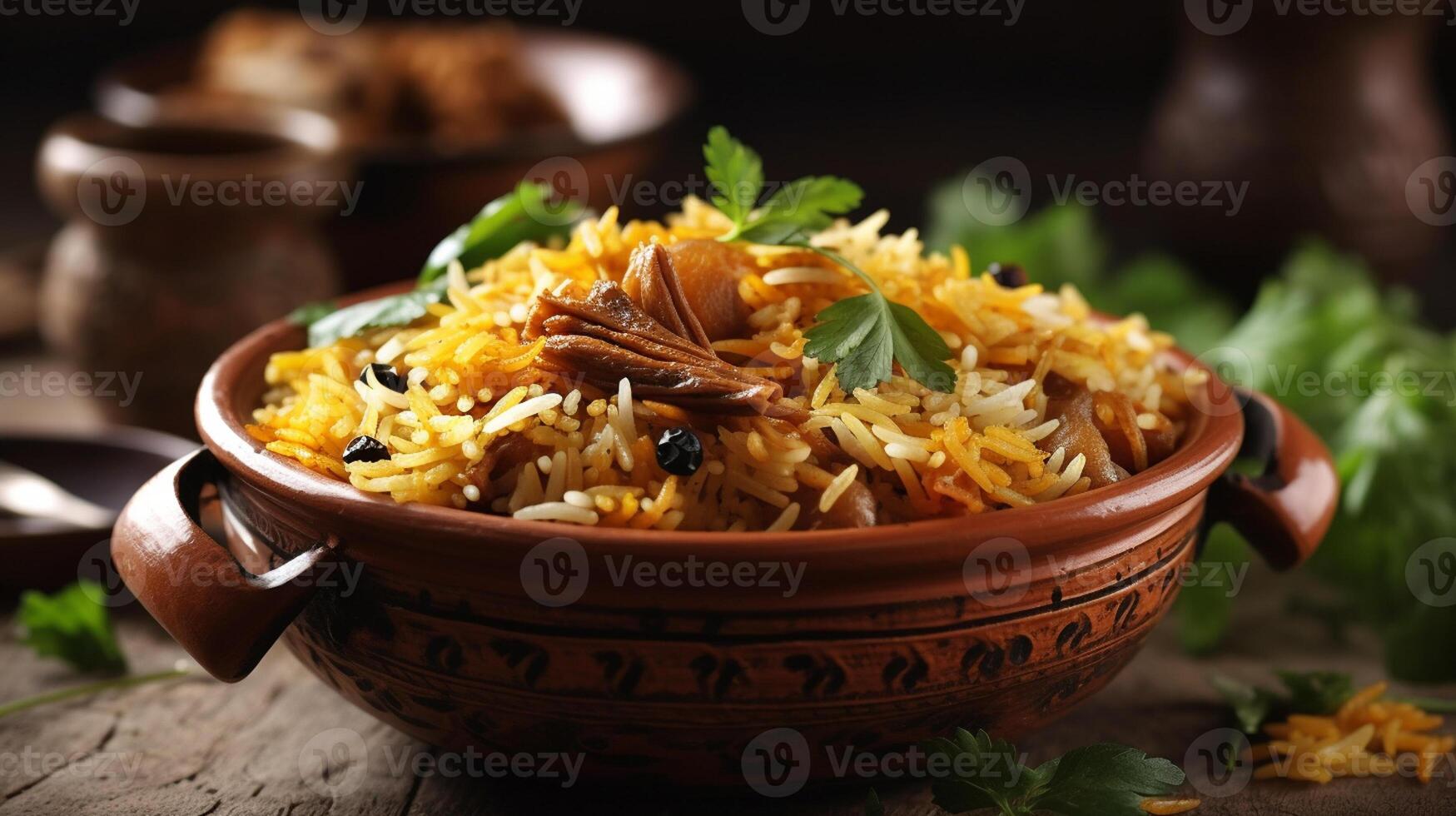 biryani in schaal, desi Indisch voedsel biryani rijst- in schaal, generatief ai foto