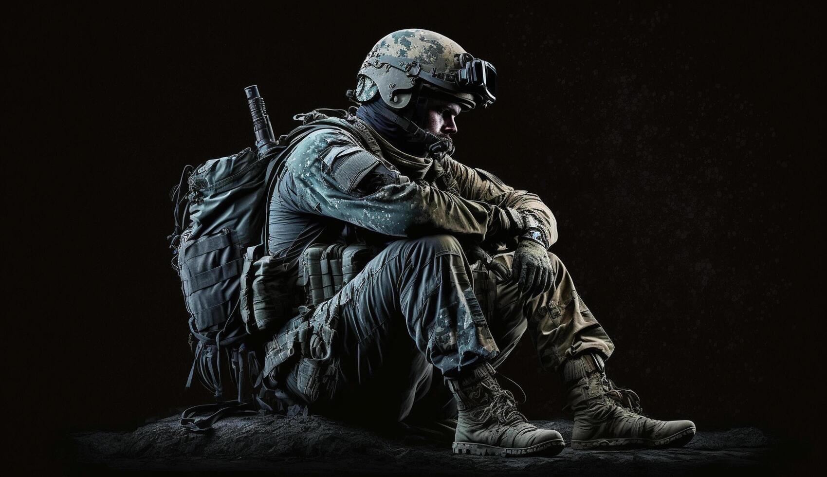 marinier corps speciaal krachten soldaat zitten in vol uitrusting Aan donker achtergrond, generatief ai foto
