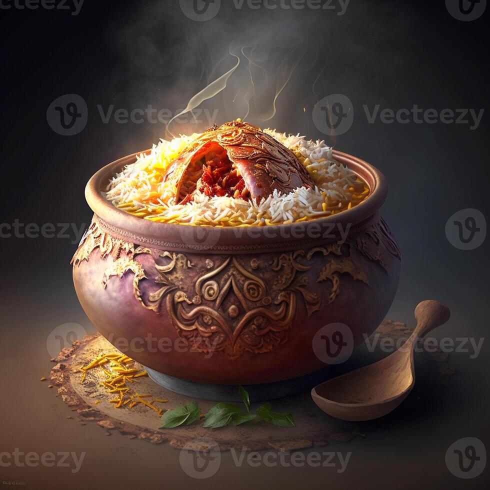 biryani rijst- in schaal, desi voedsel Indisch biryani in schaal, generatief ai foto