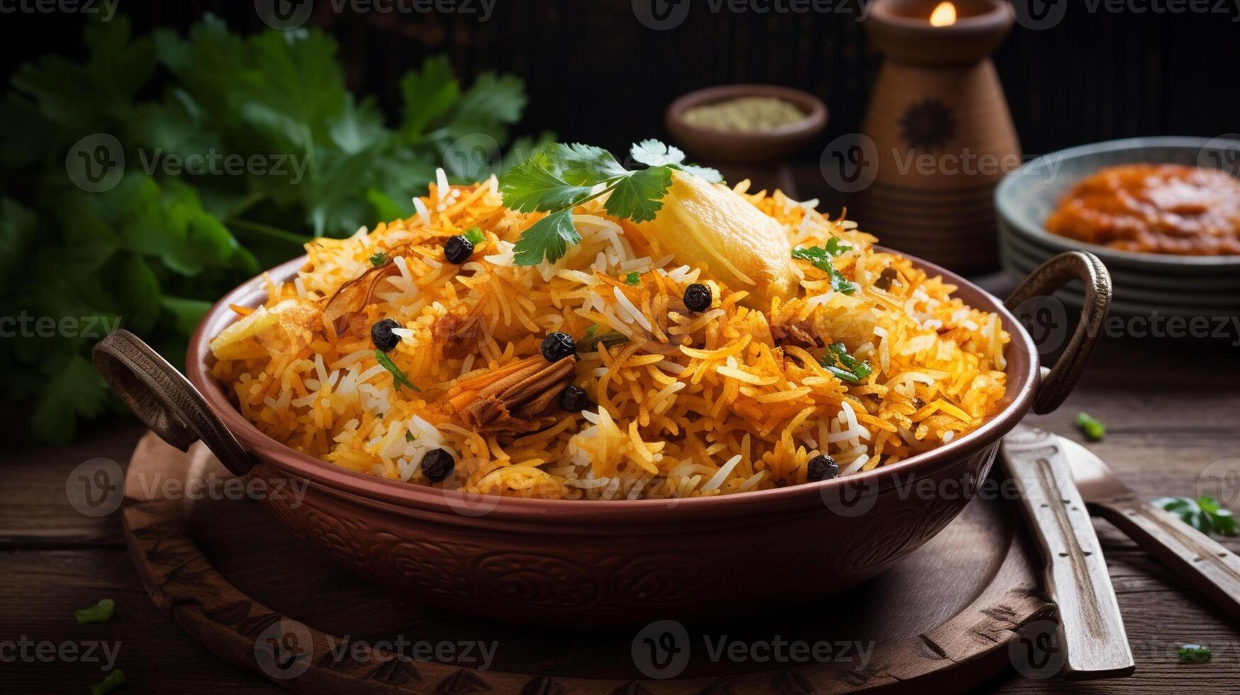 biryani in schaal, desi Indisch voedsel biryani rijst- in schaal, generatief ai foto