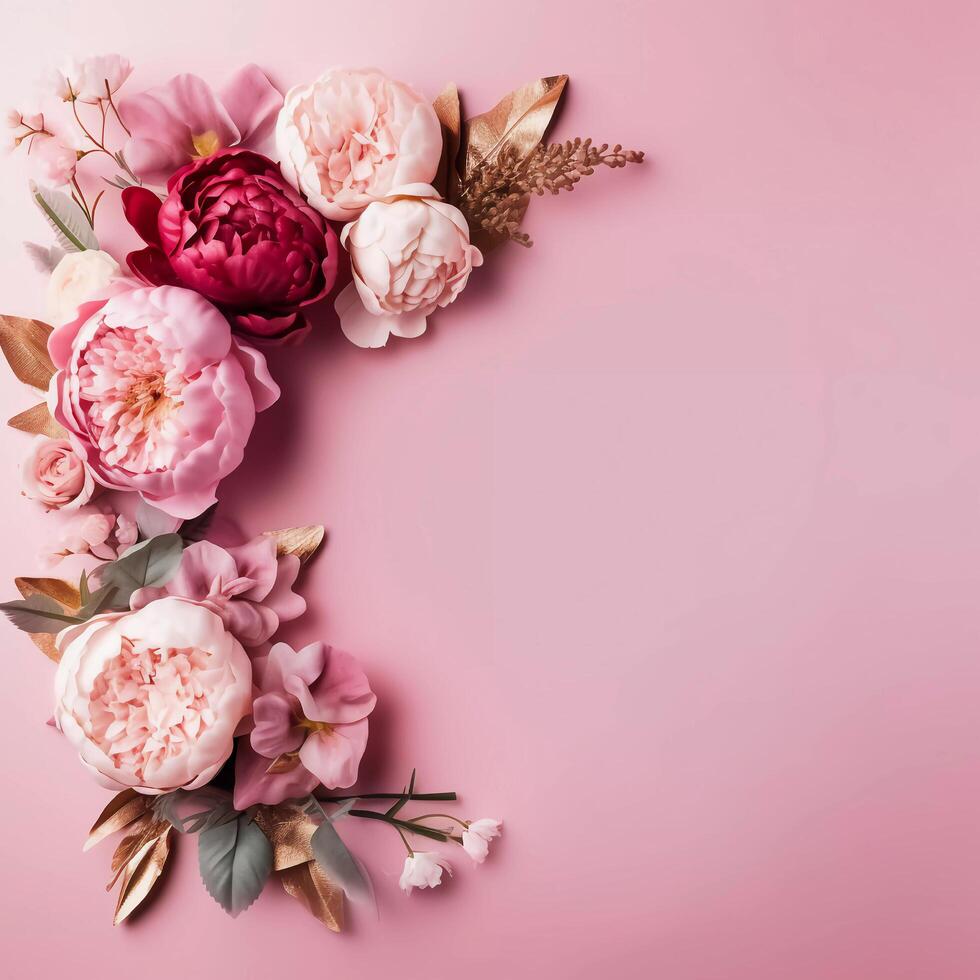 pioenrozen, rozen Aan roze achtergrond met kopiëren ruimte. abstract natuurlijk bloemen kader lay-out met tekst ruimte. romantisch vrouwelijk samenstelling. bruiloft uitnodiging generatief ai foto