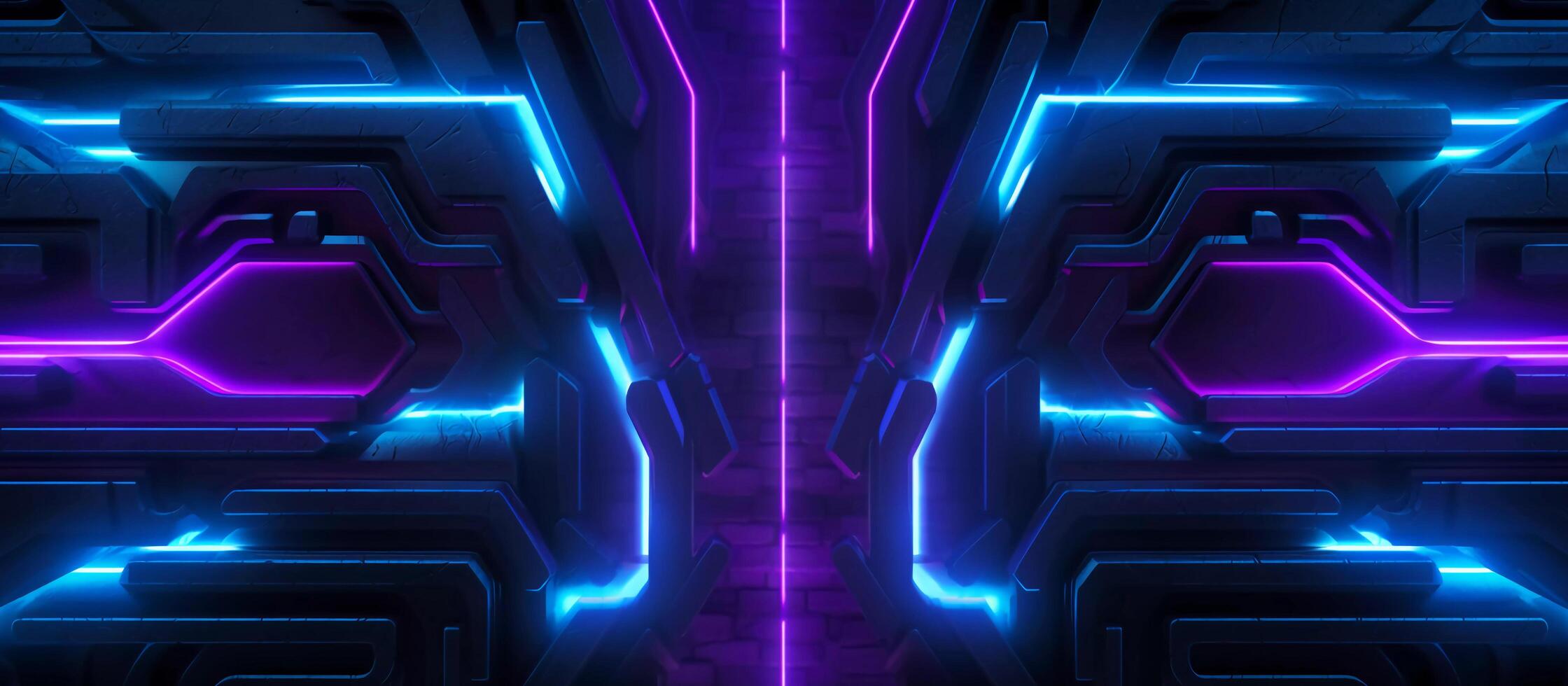 verbijsterend sci-fi abstract ontwerp Kenmerken een combinatie van blauw en Purper neon lichten tegen een zwart achtergrond, met reflecterende beton toevoegen een tintje van diepte en structuur generatief ai foto