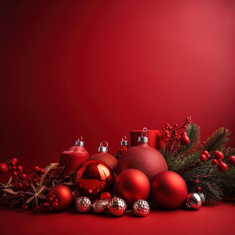 Kerstmis kerstballen Aan rood achtergrond met kopiëren ruimte voor uw tekst.ai generatief foto