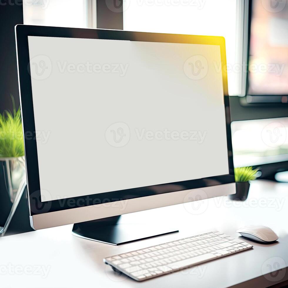 modern werkruimte met computer monitor, of bureaublad, scherm bespotten omhoog Aan houten tafel. generatief ai foto