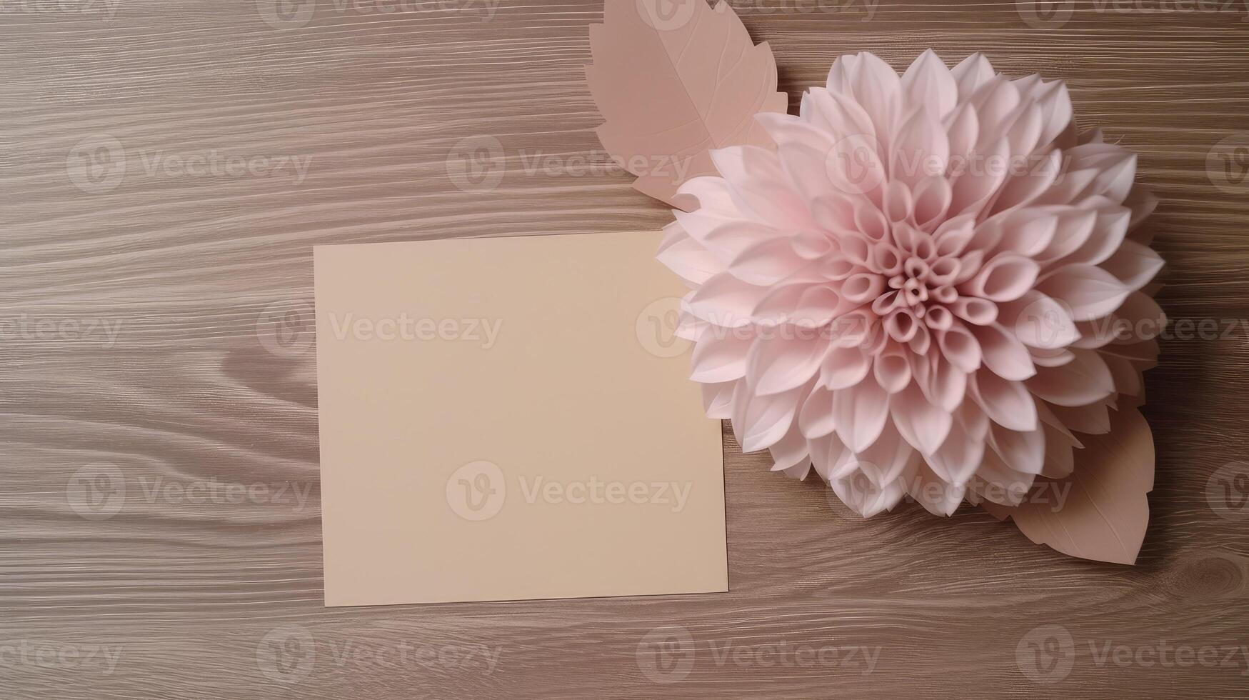 top visie van blanco plein papier kaart mockup met mooi dahlia bloem Aan houten tafel, generatief ai. foto