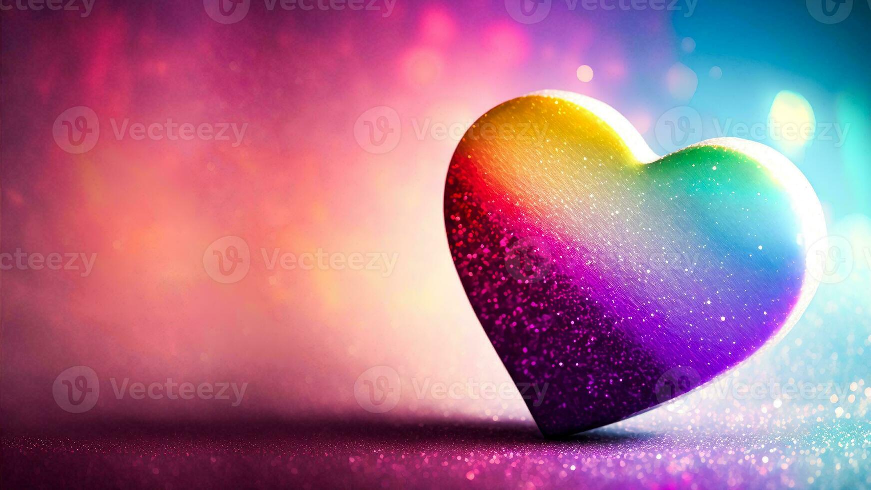 3d geven van glimmend kleurrijk glitterachtig hart vorm Aan regenboog bokeh achtergrond. foto