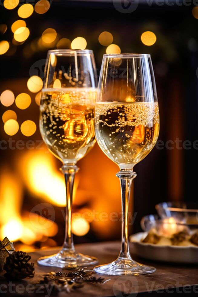 Champagne in voorkant van een haard Aan een vakantie vooravond viering, vrolijk kerstmis, gelukkig nieuw jaar en gelukkig vakantie wensen, generatief ai foto