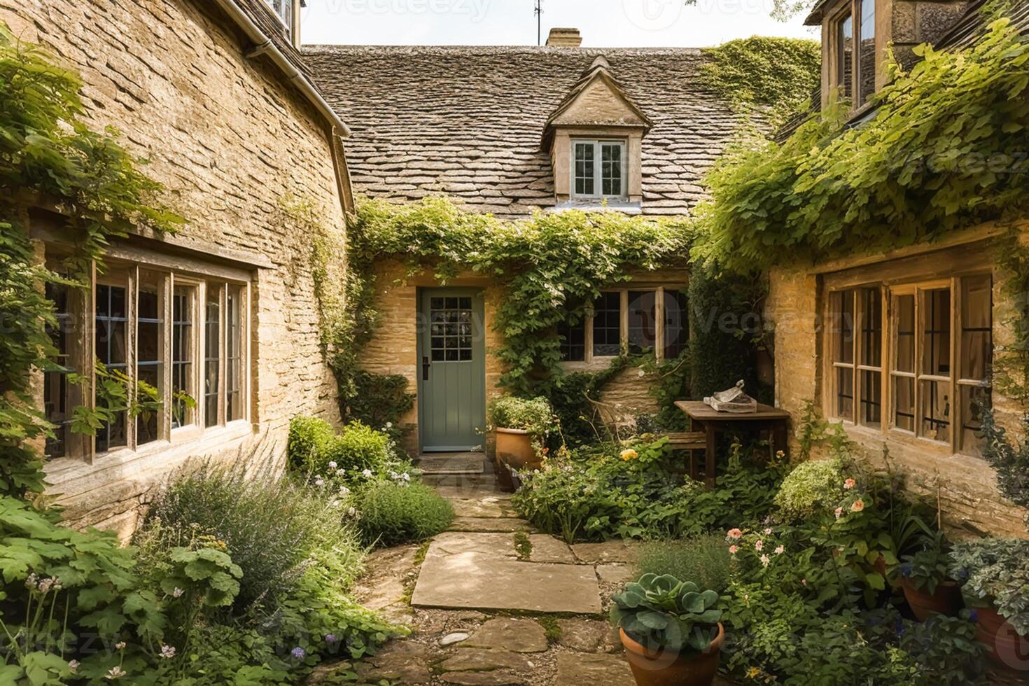mooi oud platteland huisje en tuin in de Engels land stijl, architectuur en wijnoogst huis. generatief ai foto