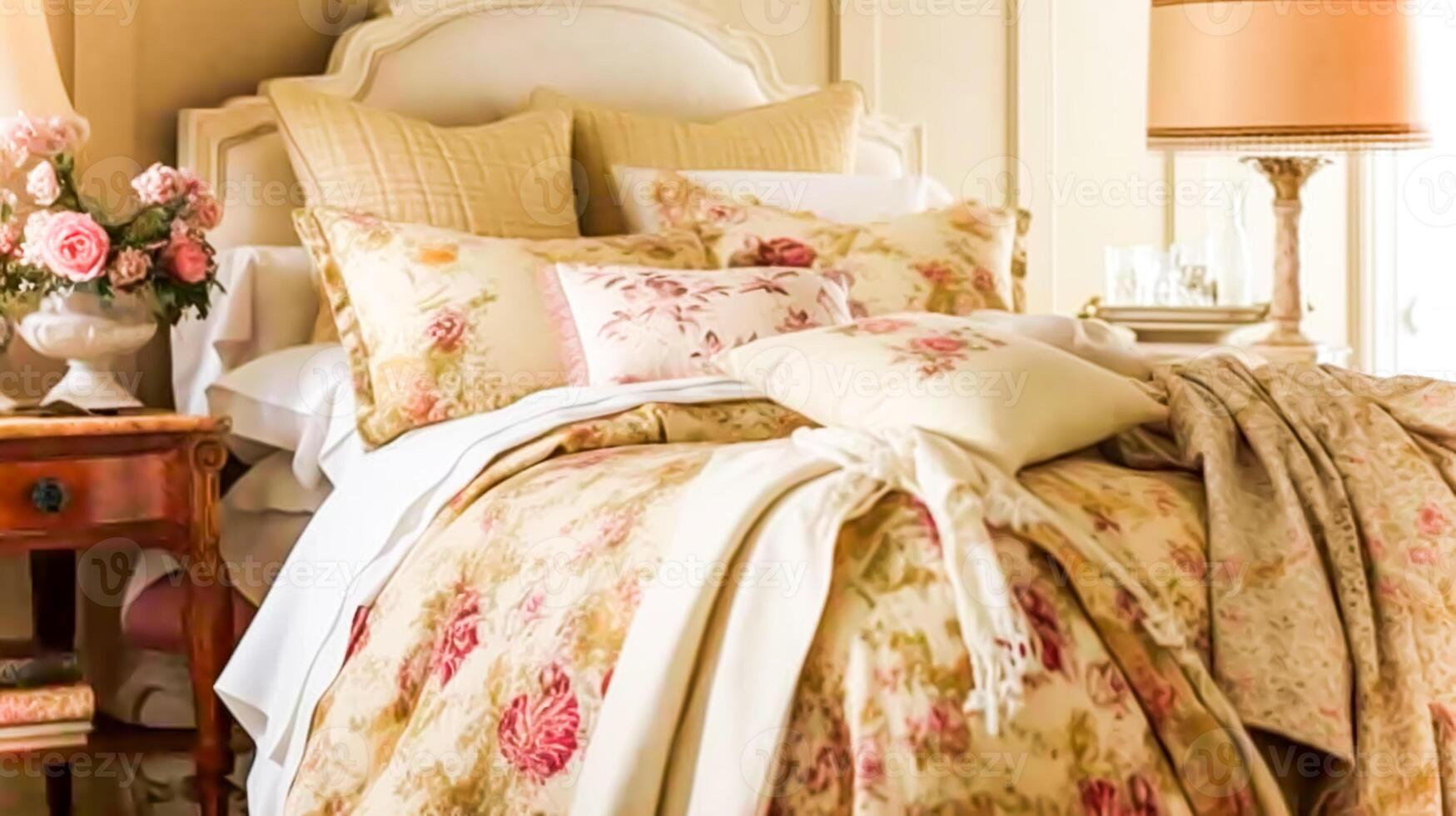 pluche beddengoed met romantisch bloemen afdrukken in een knus platteland slaapkamer. generatief ai foto