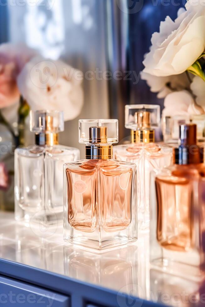 luxe parfum flessen Aan Scherm Bij een presentatie, Dames geur geur nieuw exclusief verzameling, nabewerkt, generatief ai foto