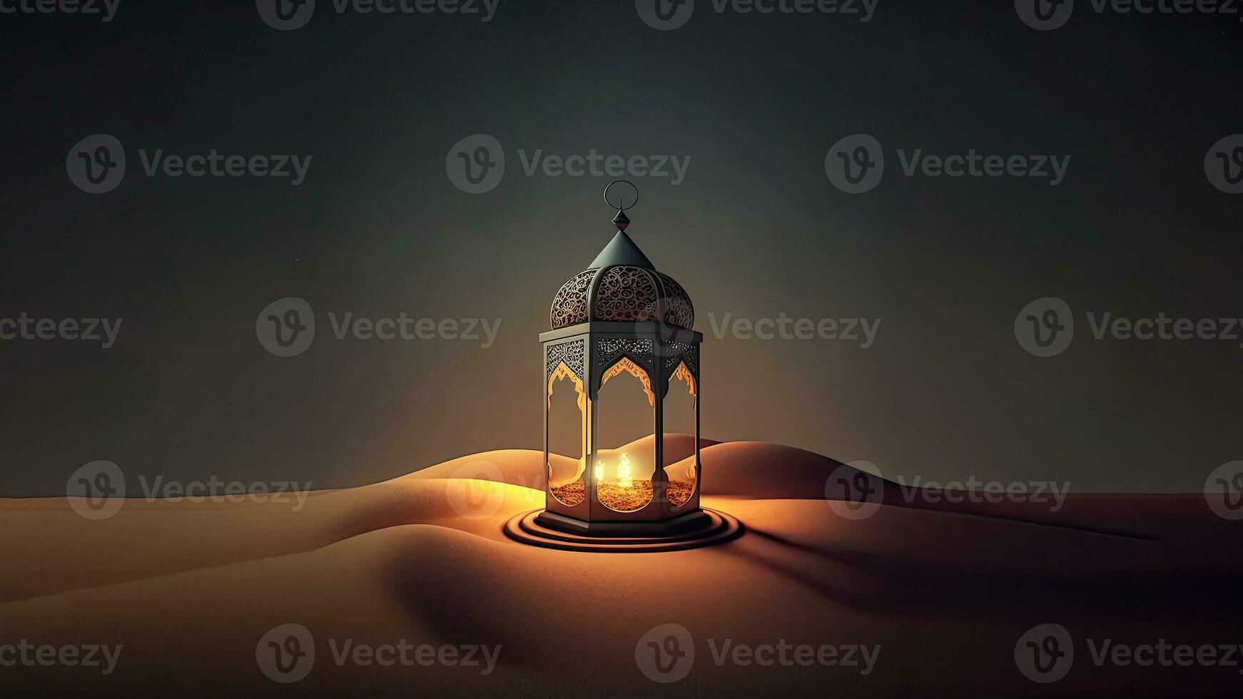 3d geven van verlichte Arabisch lamp Aan zand duin. Islamitisch religieus concept. foto