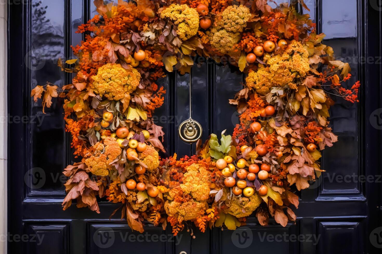 herfst krans decoratie Aan een klassiek deur Ingang, gastvrij herfst vakantie seizoen met herfst- decoraties, generatief ai foto