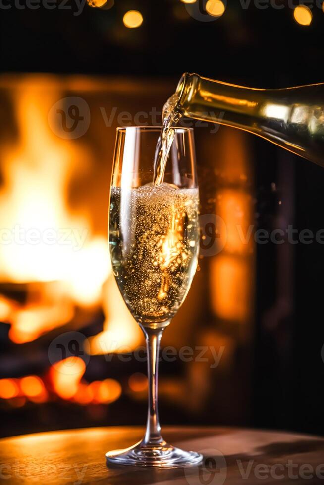 Champagne in voorkant van een haard Aan een vakantie vooravond viering, vrolijk kerstmis, gelukkig nieuw jaar en gelukkig vakantie wensen, generatief ai foto