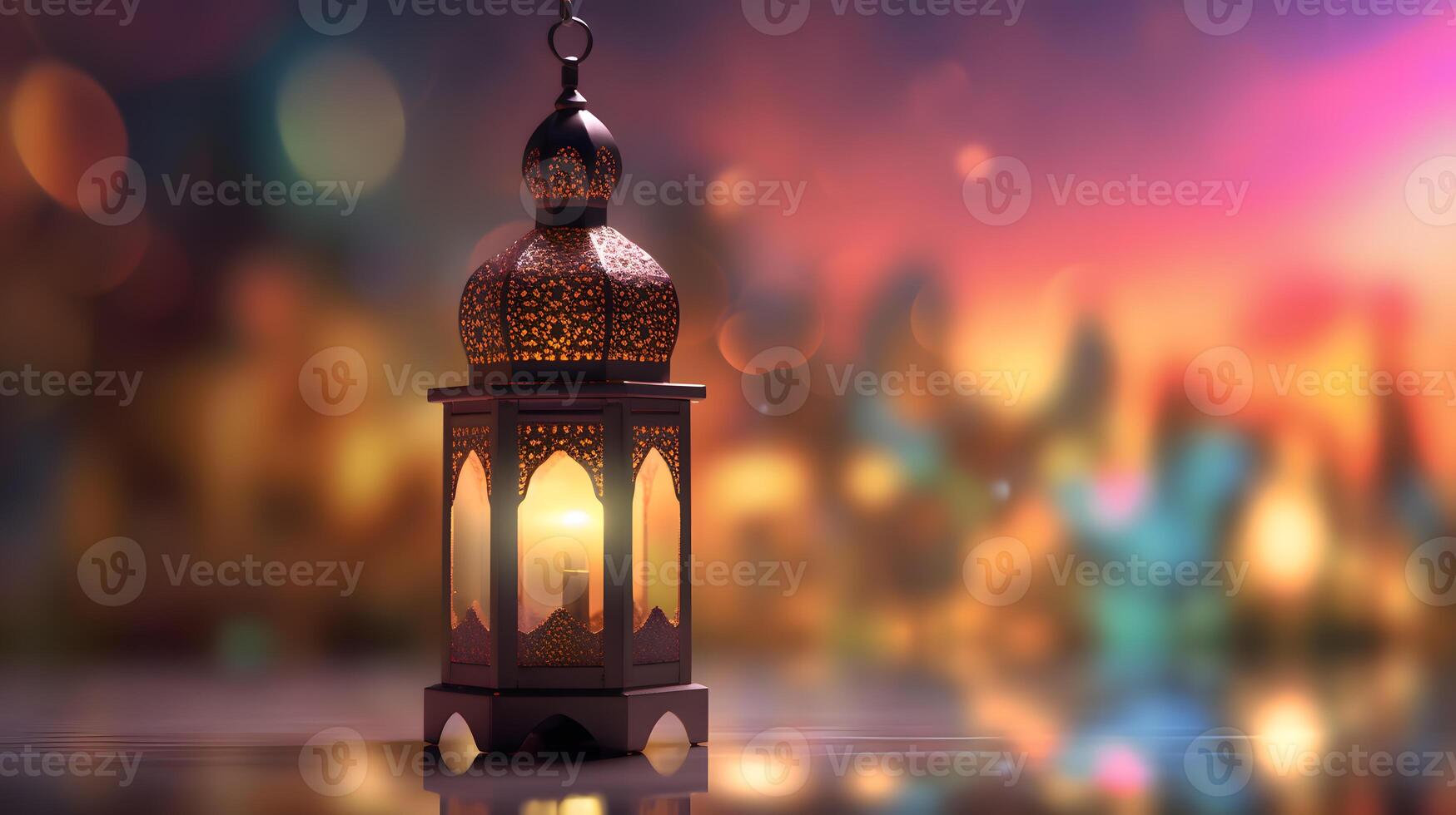 sier- Arabisch lantaarn Bij nacht. feestelijk groet kaart, uitnodiging voor moslim heilig maand Ramadan kareem, eid al adha, gemaakt gebruik makend van generatief ai technologie foto