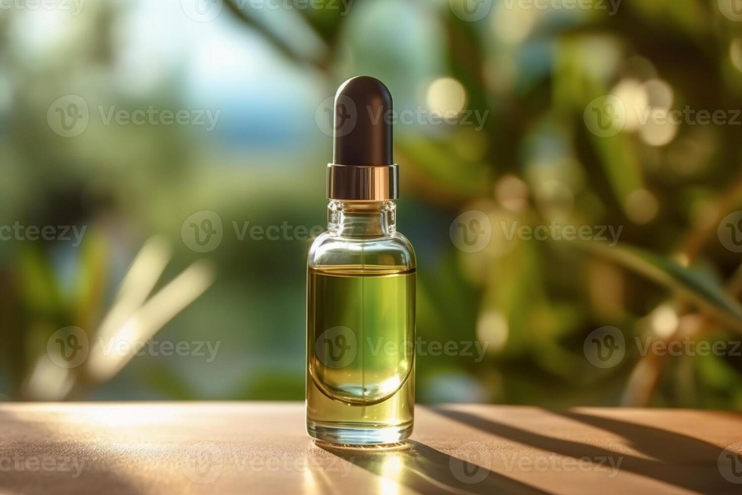 kunstmatig glas druppelaar fles met olie, serum of fruit pellen in de zonlicht. groen eucalyptus in zacht focus. schoonheid Product presentatie Aan natuurlijk achtergrond. ai generatief foto