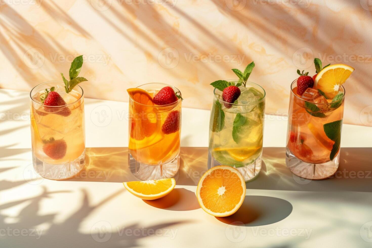 zomer cocktail in de zon. vers sappig drinken in glas met schaduw maken modieus patroon Aan grijs achtergrond. ai generatief foto