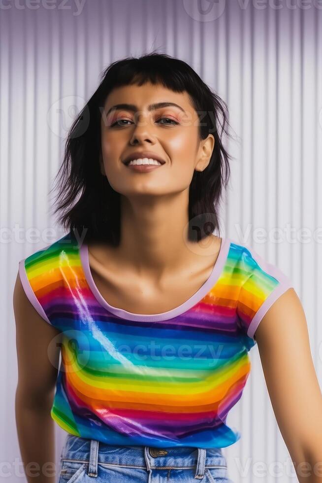 jong gelukkig pret homo vrouw Jaren 20 zwart haar, vervelend regenboog tee overhemd taille omhoog visie geïsoleerd Aan licht achtergrond studio portret, ai gegenereerd foto