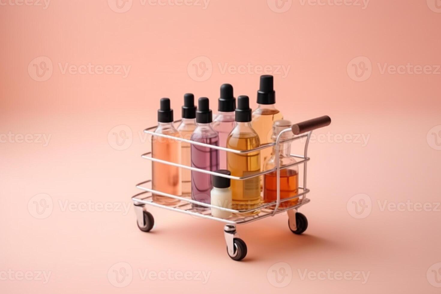 online boodschappen doen minimalistische concept. klein kar met kunstmatig flessen. essentieel olie, een mengsel van schoonheid producten. ai generatief foto