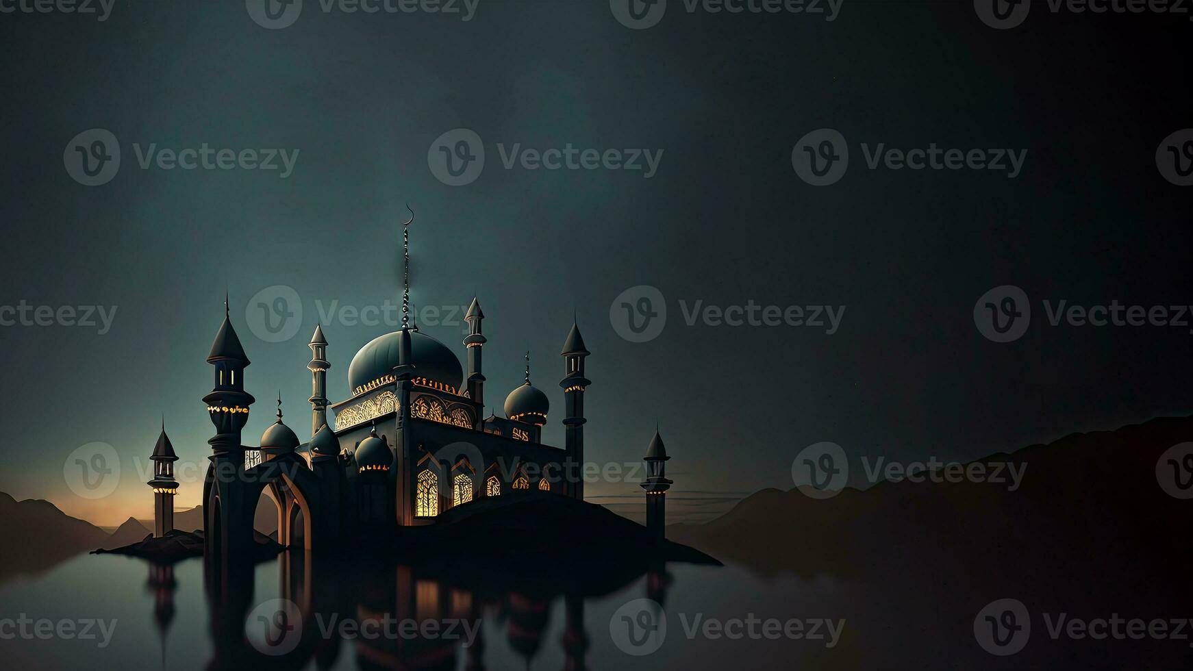 visie van moskee in sterrenhemel nacht, moskee reflectie in de water. Islamitisch religieus concept. 3d veroorzaken. foto