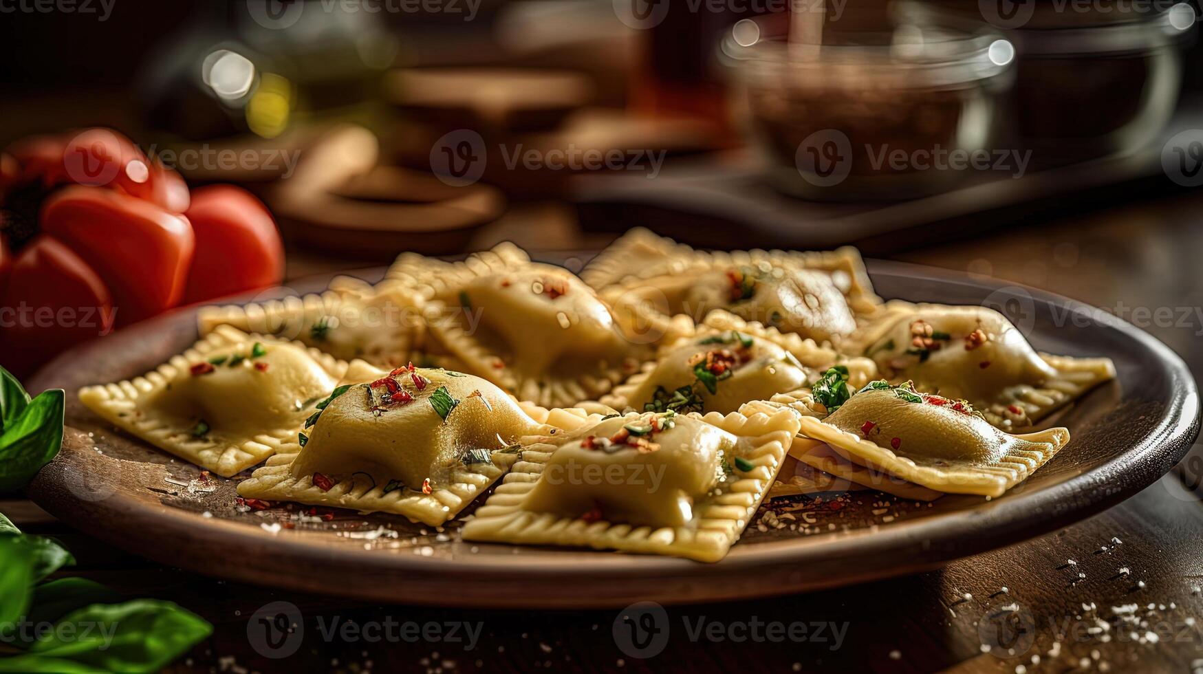 dichtbij omhoog visie van Italiaans schotel ravioli Koken tafel. generatief ai. foto