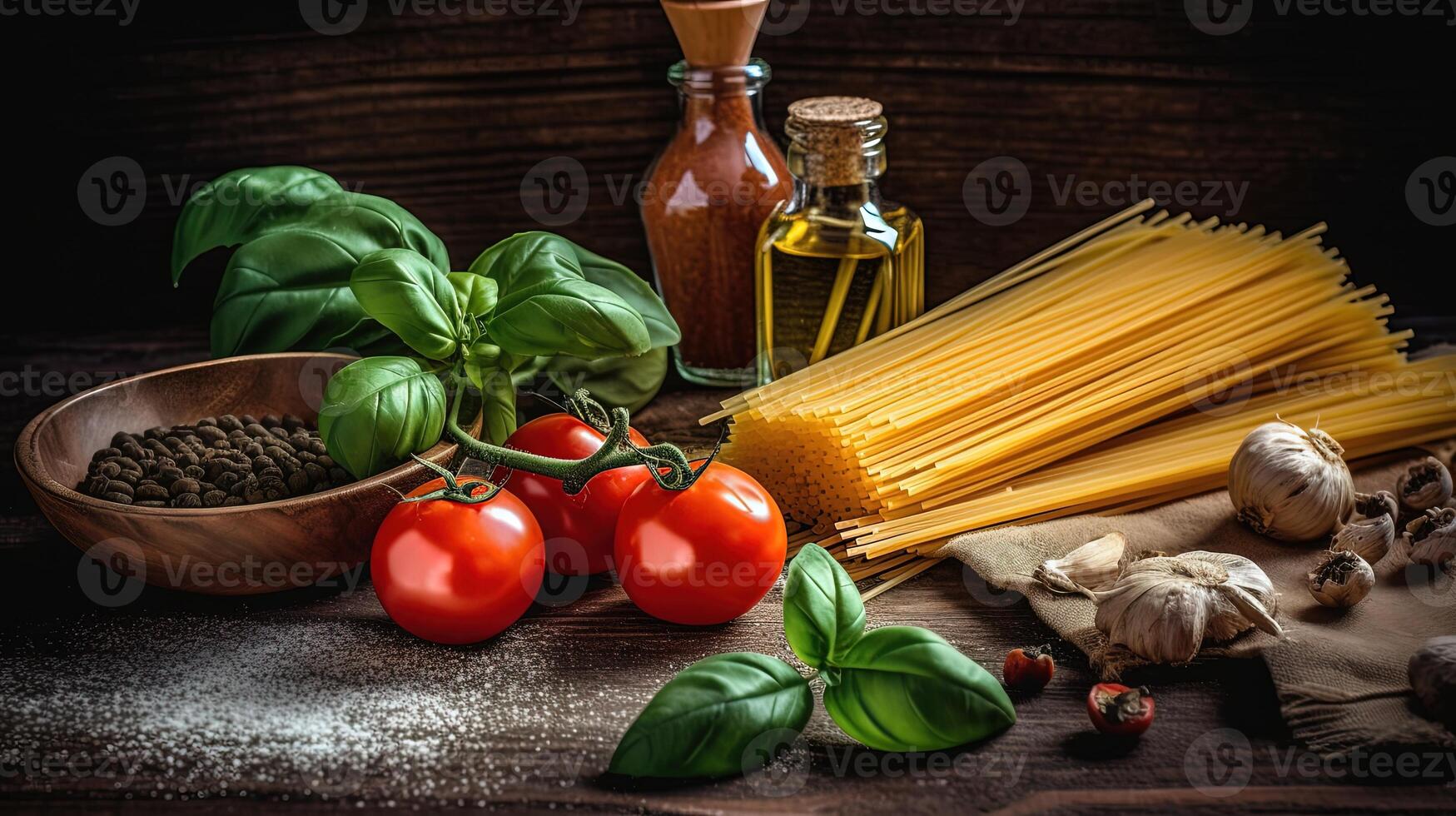 Koken Italiaans stijl pasta of spaghetti schotel ingrediënten Aan donker houten tafel, dichtbij omhoog schot generatief ai technologie. foto