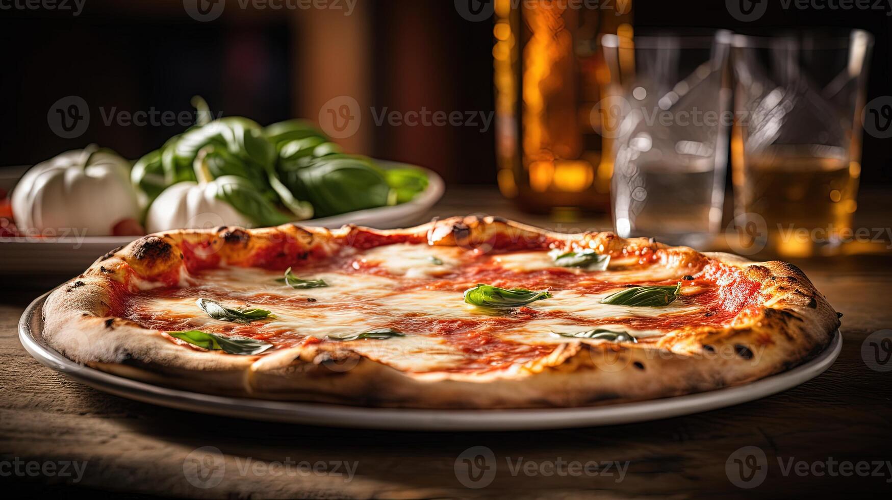 een vers gebakken margherita met salade en drinken glas en fles Aan rustiek tafel voor pizza minnaar. generatief ai. foto
