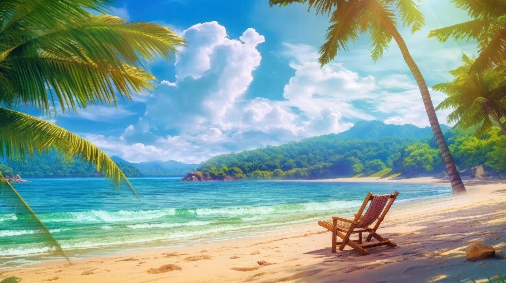 mooi tropisch strand en zee met stoel Aan blauw lucht. illustratie ai generatief foto