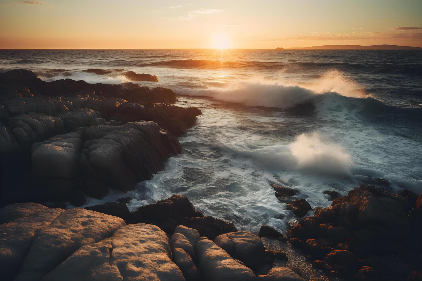 een sereen visie van de kust- tafereel met spatten golven en rotsen.gemaakt met generatief ai. foto