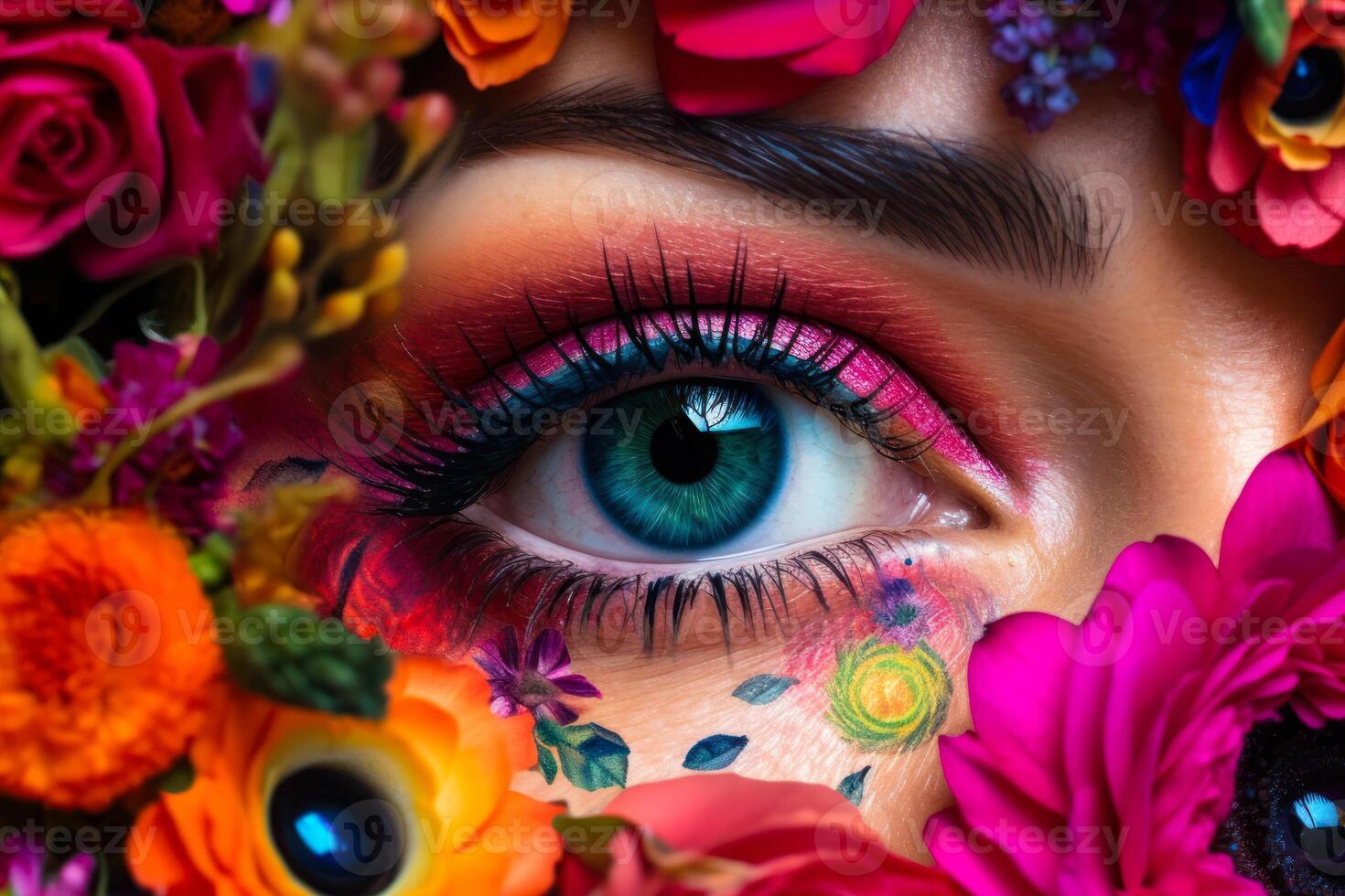 vrouw oog met carnaval bedenken in bloemen, vrouwelijkheid schoonheid huid zorg generatief ai foto