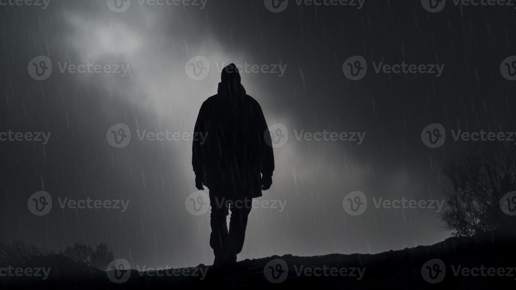 slecht weer regenachtig lucht een persoon gaat naar ontmoeten moeilijkheden generatief ai foto