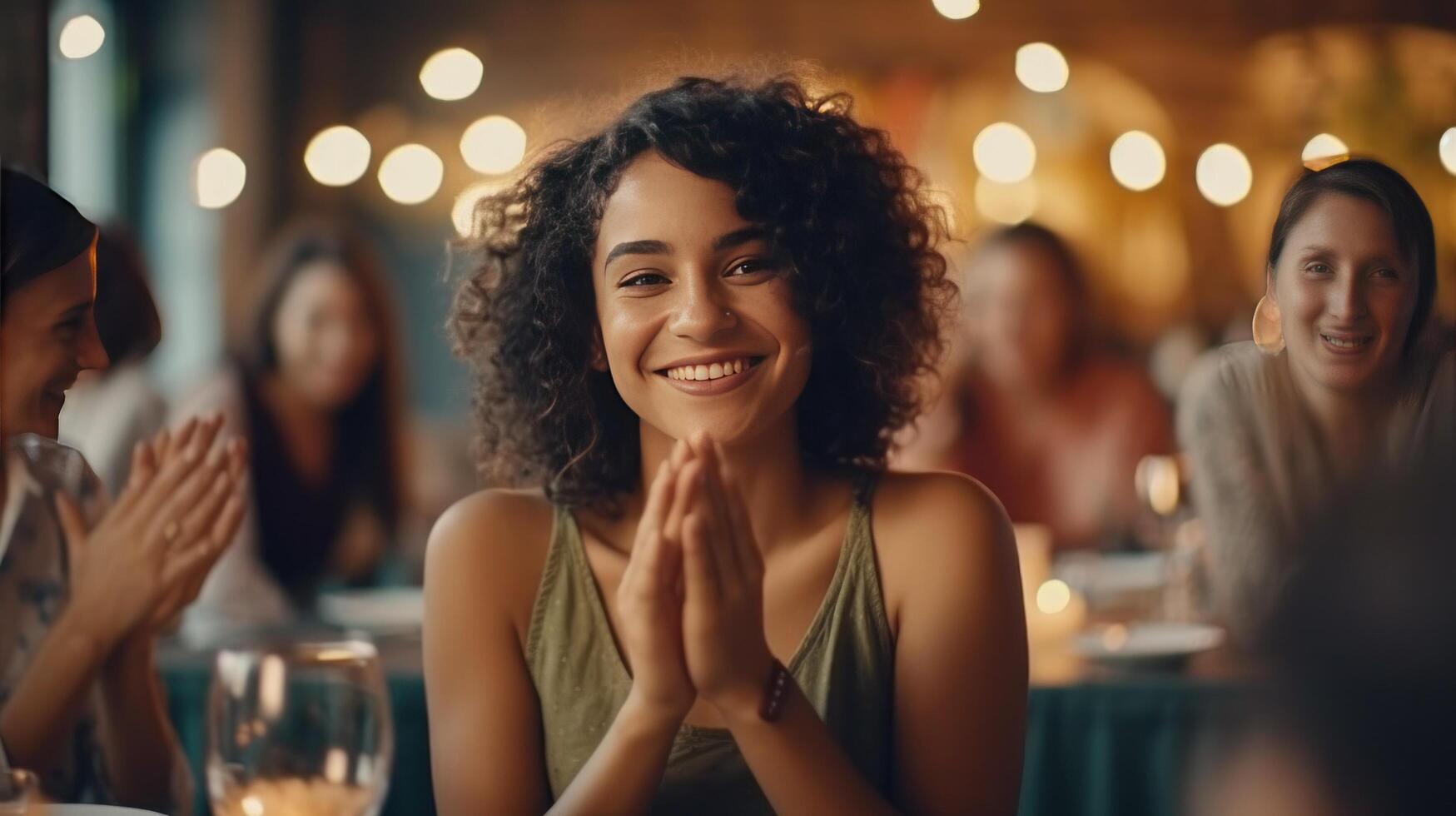 vrouw klappen handen Aan diner. illustratie ai generatief foto