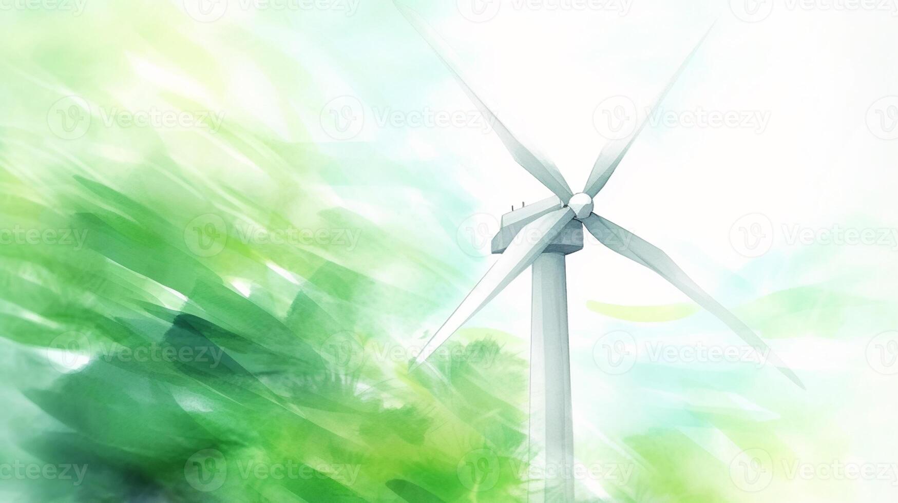 een zacht groen en blauw kleur schilderij van een wind turbine waterverf tekening. generatief ai foto