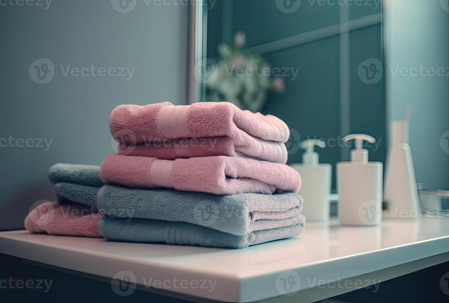 stack van handdoeken met een zeep dispenser in een badkamer detailopname. generatief ai. foto