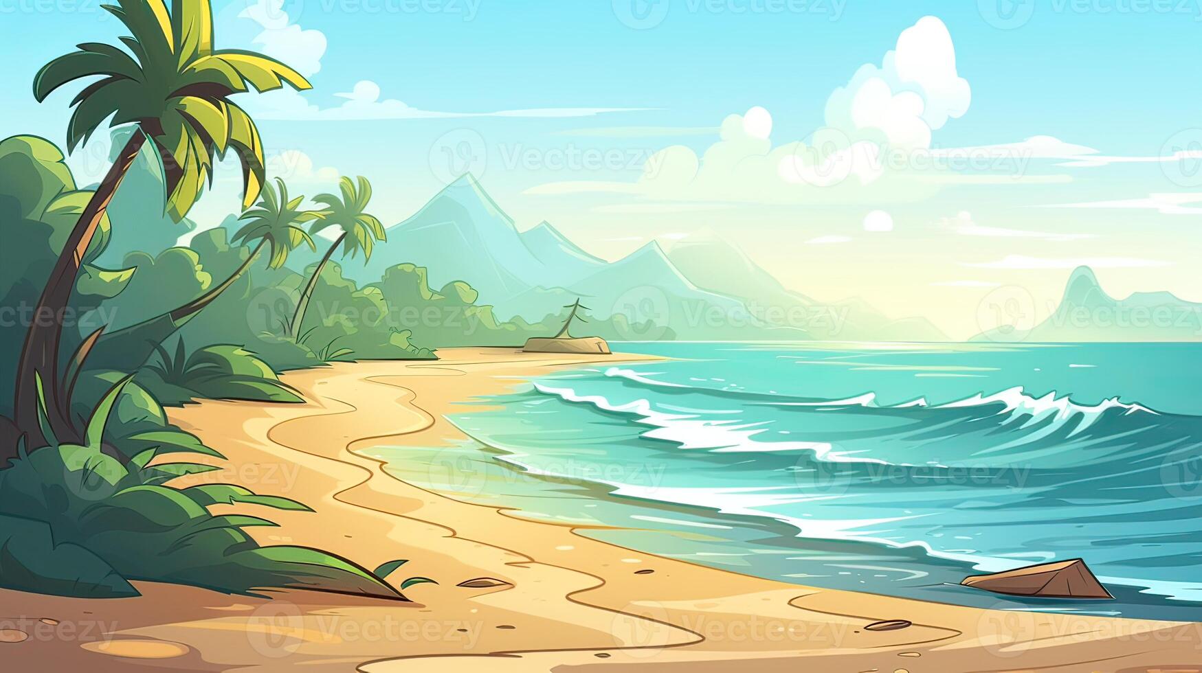 lucht en zon Bij zee achtergrond, oceaan en strand vector eiland landschap leeg tekenfilm. oceaan of zee water met golven en wolken in lucht zomer blauw zeegezicht met bewolkt lucht en kust. generatief ai foto